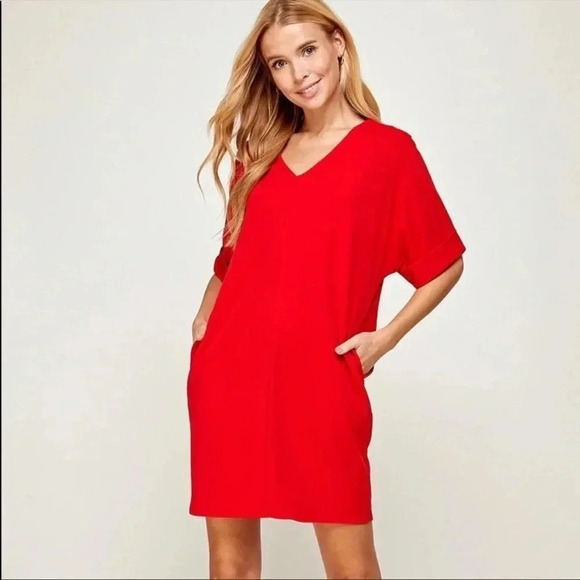 H Halston red side pockets mini dress - Picture 2 of 7